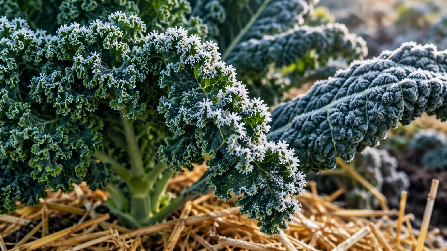 Green curly kale leaves covered in delicate white frost crystals, growing in a garden bed mulched with straw.