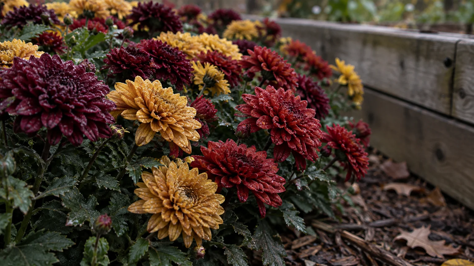 Clustered maroon and gold chrysanthemum flowers with water droplets growing in a garden bed beside a wooden border.