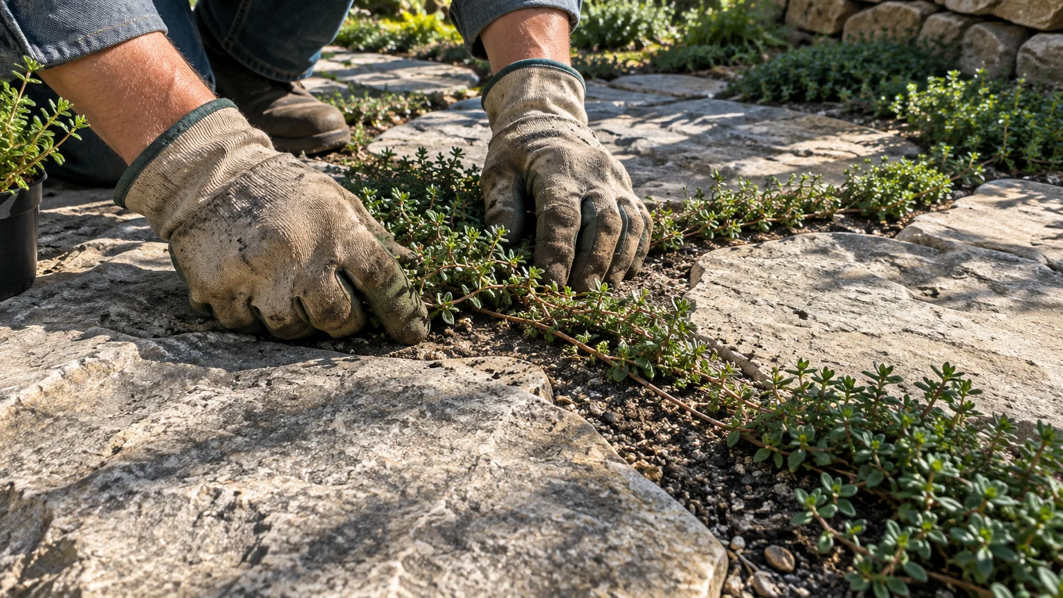 Gloved hands planting creeping thyme between stone pavers in a flagstone walkway.