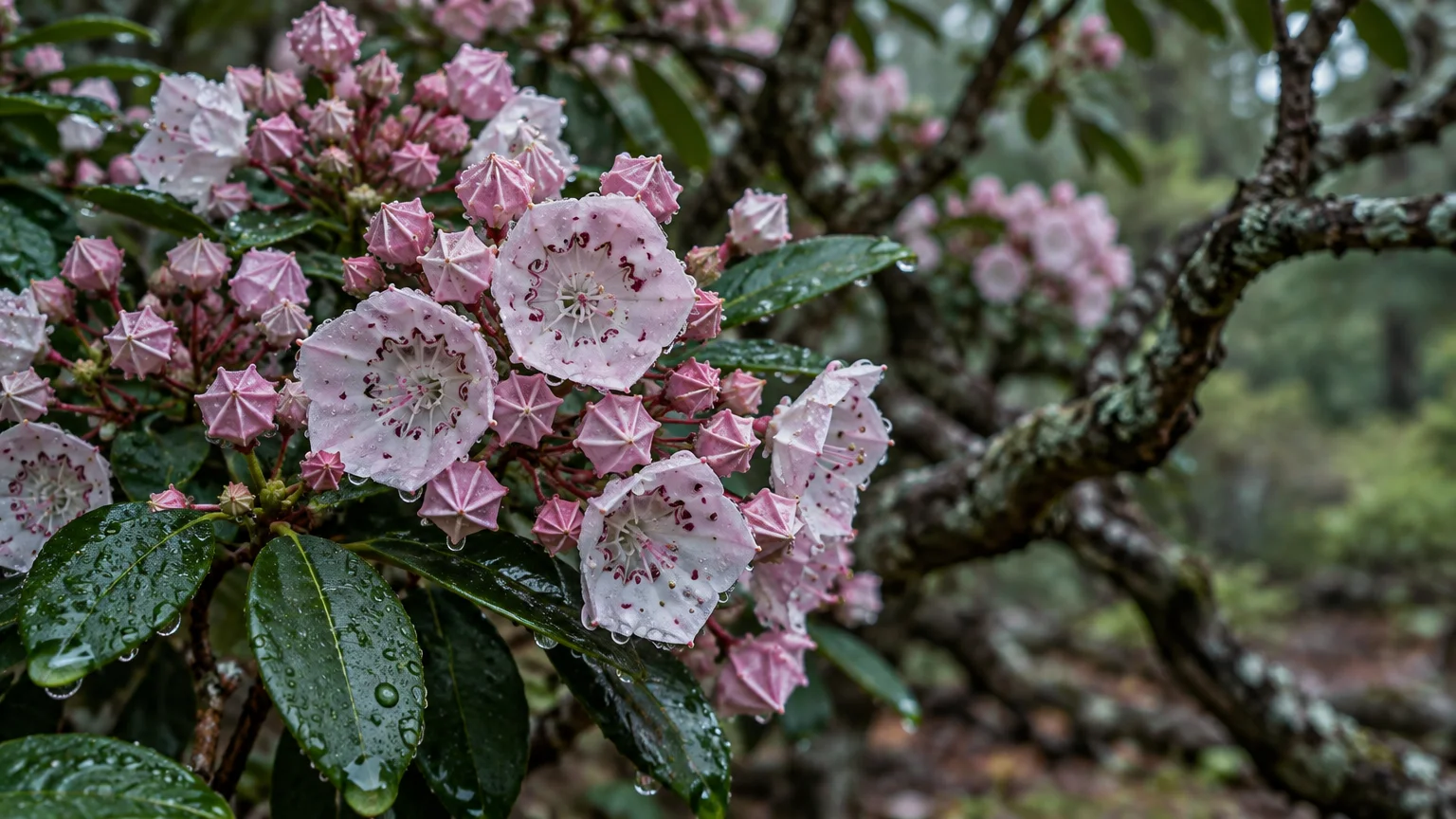 Raindrops glisten on pale pink mountain laurel flowers, hexagonal buds, and glossy green leaves in a woodland garden.