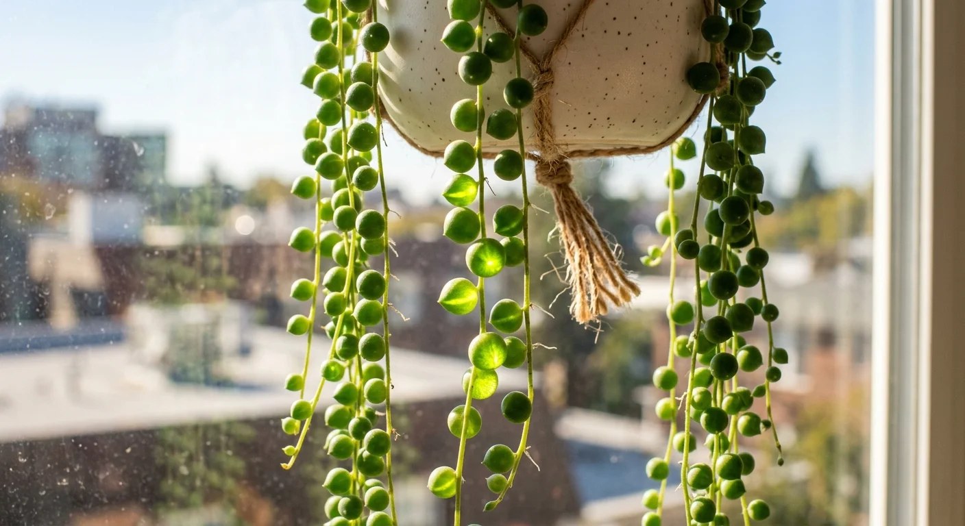 Green bead-like strands of a string of pearls succulent hanging from a speckled white pot in front of a sunny window.