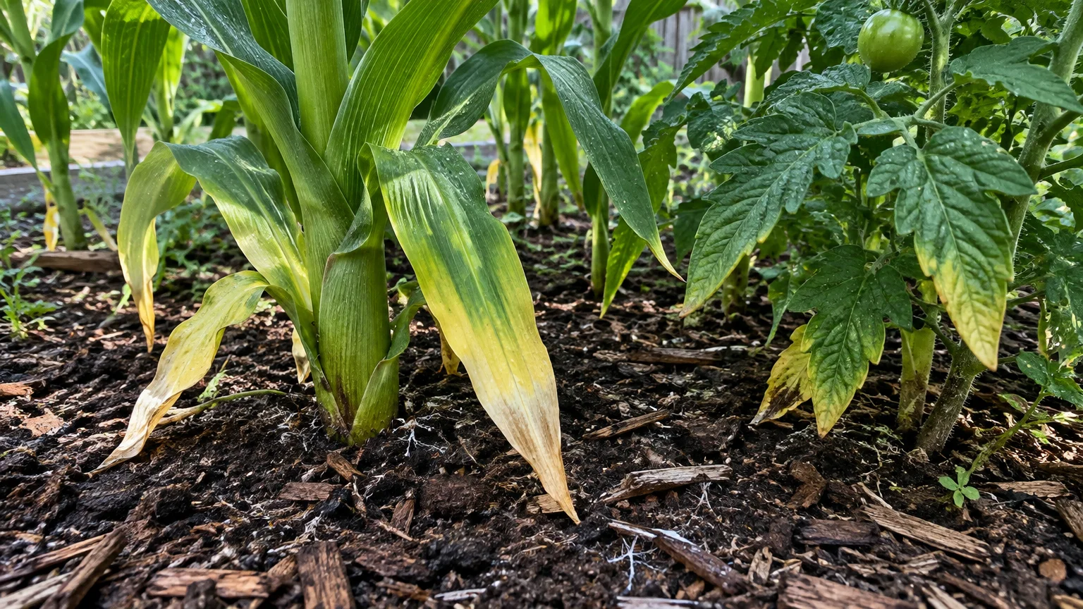 Low view of garden plants showing lower leaves turning yellow and pale at the base near the soil mulch.
