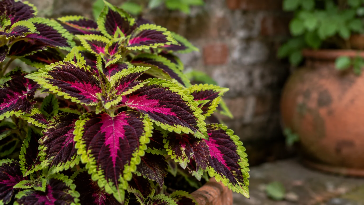 Potted coleus plant with vibrant magenta, dark maroon, and bright lime green patterned leaves beside a brick wall.