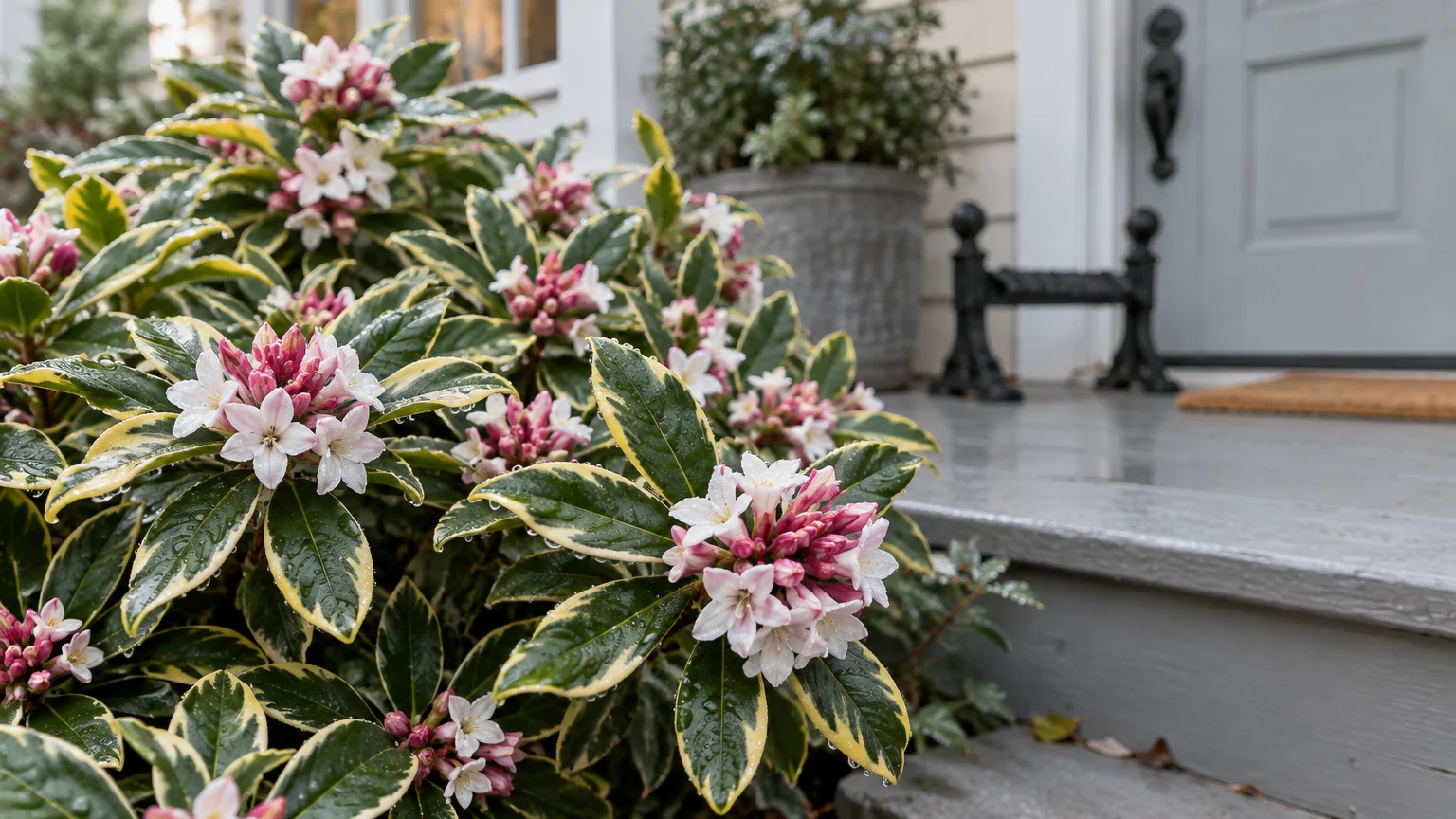Blooming winter daphne shrub with variegated green and yellow leaves and clusters of pink and white flowers beside a porch step.