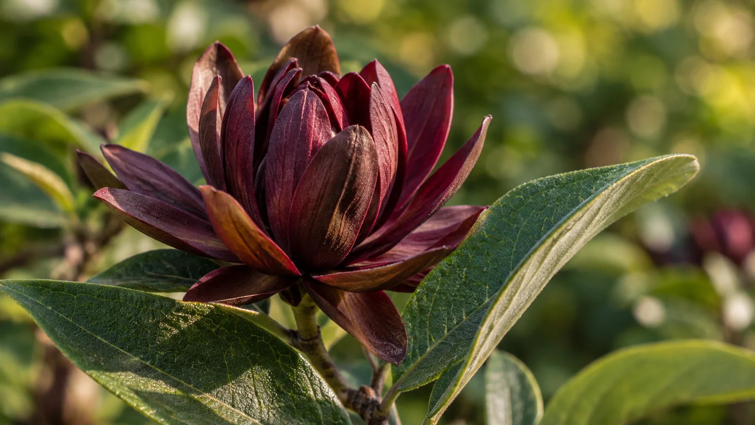 Close-up of a deep burgundy sweetshrub bloom with multi-layered petals framed by green leaves in soft sunlight.