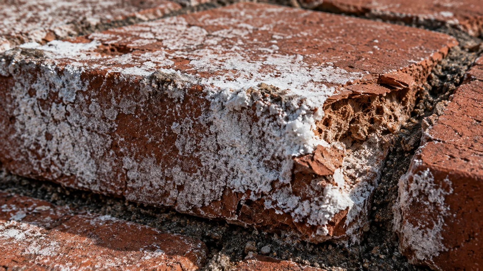 Close-up of a red clay brick paver with white crystalline mineral efflorescence and a chipped, crumbling spalled edge.