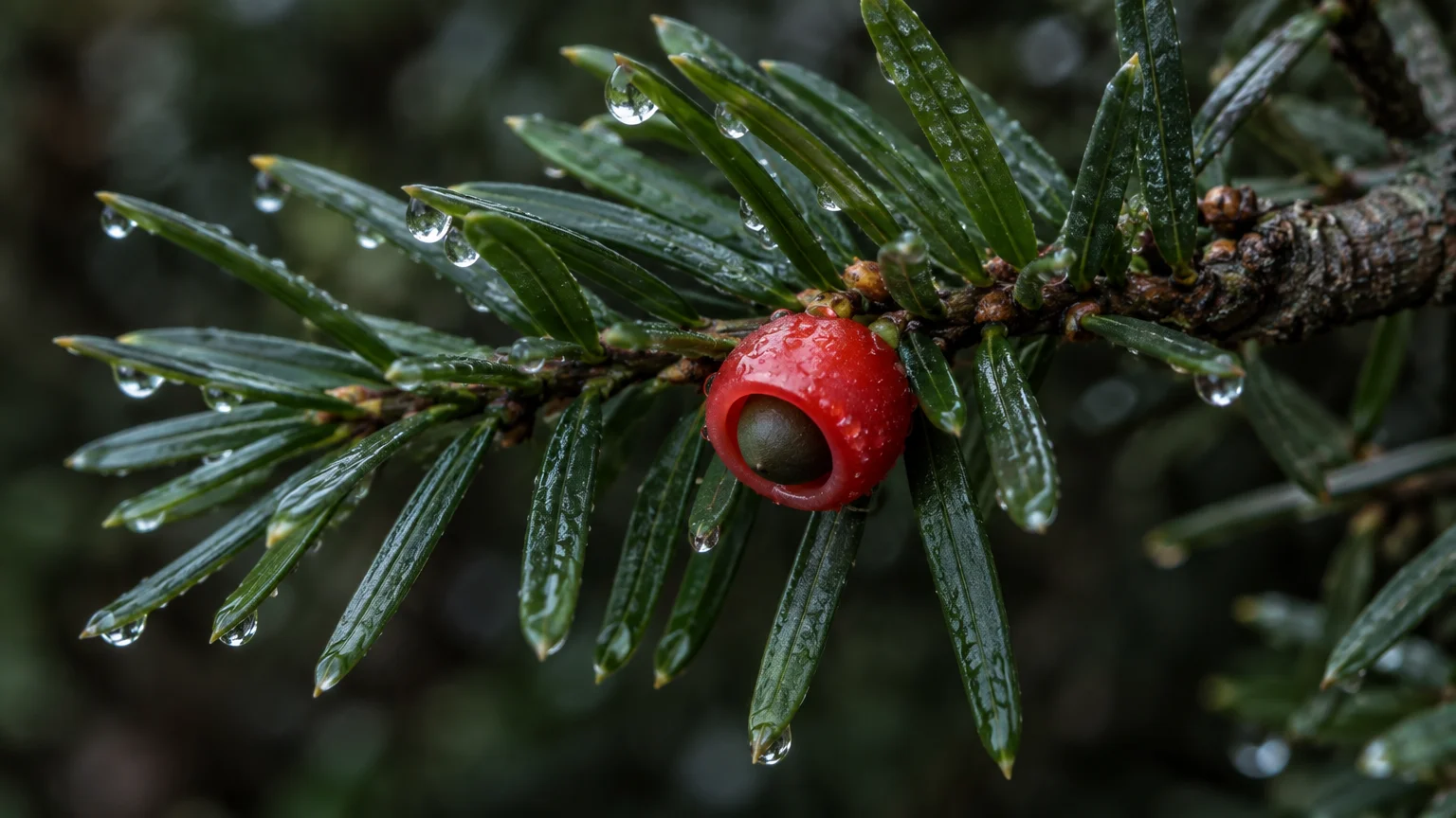 Close-up of green yew evergreen needles and a bright red cup-shaped aril with a dark seed, covered in raindrops.