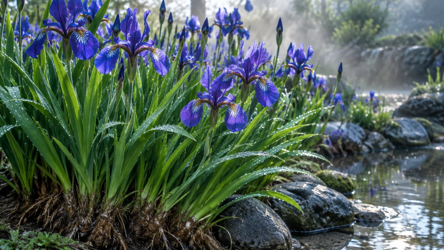 Clumps of blooming purple Siberian irises with dew-covered leaves along a rocky pond margin in morning mist.