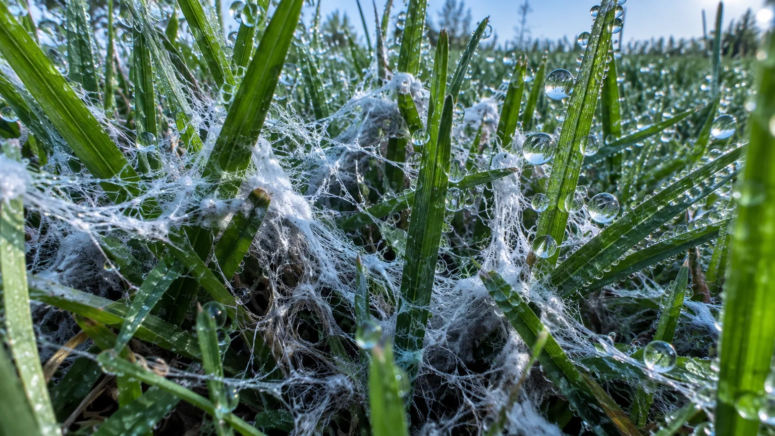 Close-up of fine white fungal webbing clinging to green grass blades covered in large, clear morning dew drops.
