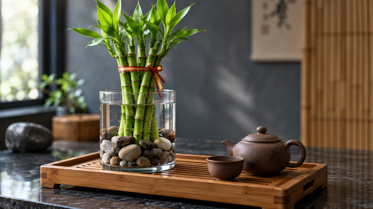 Lucky bamboo stalks tied with a red ribbon in a glass vase with pebbles and water, beside a clay teapot on a wooden tray.