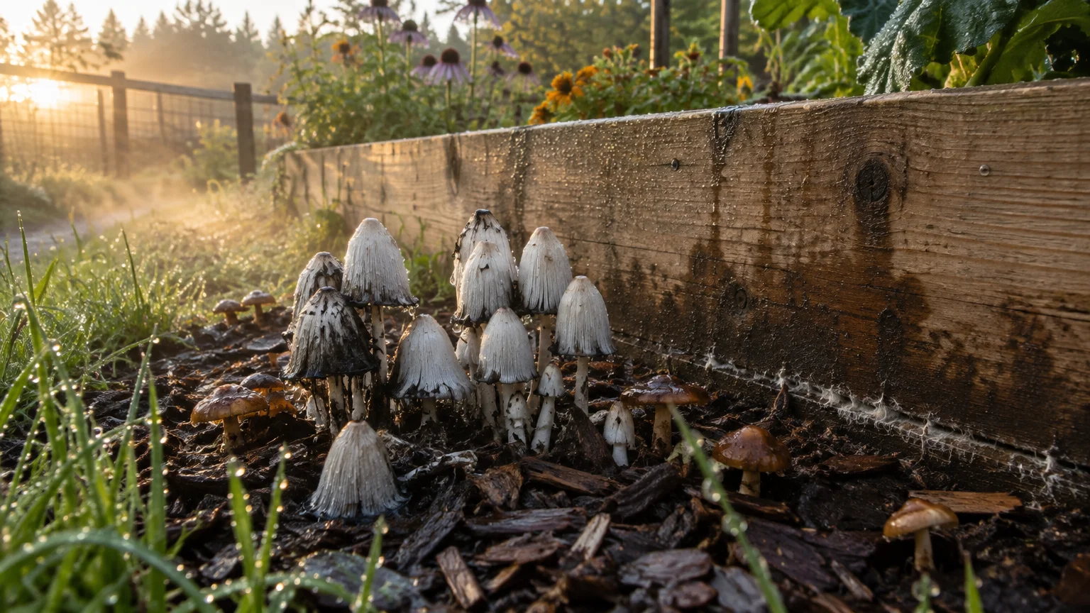 Cluster of white inky cap mushrooms growing in wet mulch beside a wooden raised garden bed at sunrise.