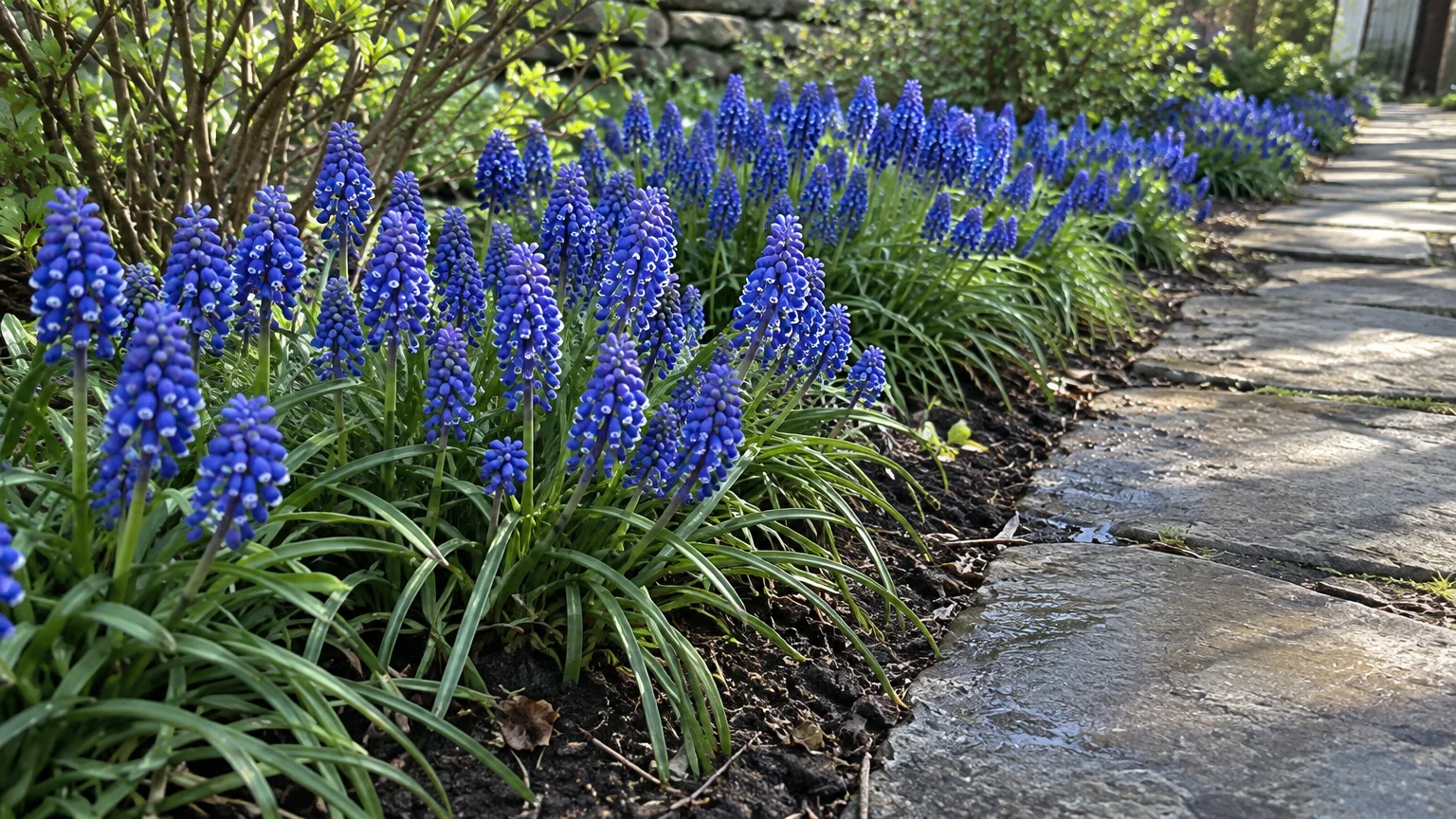 Blue grape hyacinths blooming in a garden bed along the edge of a stone walkway.