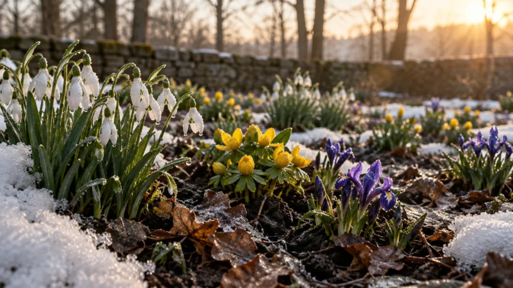 White snowdrops, yellow winter aconites, and purple irises blooming in garden soil dotted with snow.