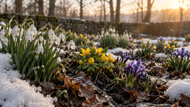 White snowdrops, yellow winter aconites, and purple irises blooming in garden soil dotted with snow.