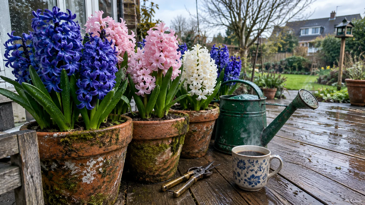 Potted purple, pink, and white hyacinths on a wet wooden deck next to a watering can, pruning shears, and a steaming mug.