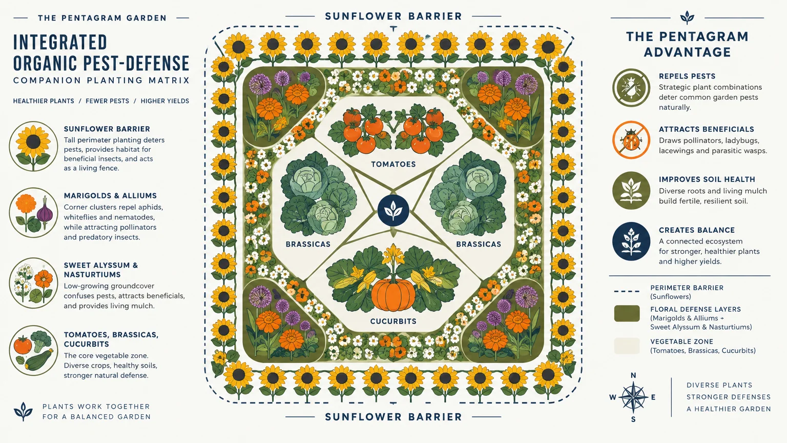 Companion planting matrix diagram detailing garden zones framed by sunflowers, marigolds, sweet alyssum, and vegetables.