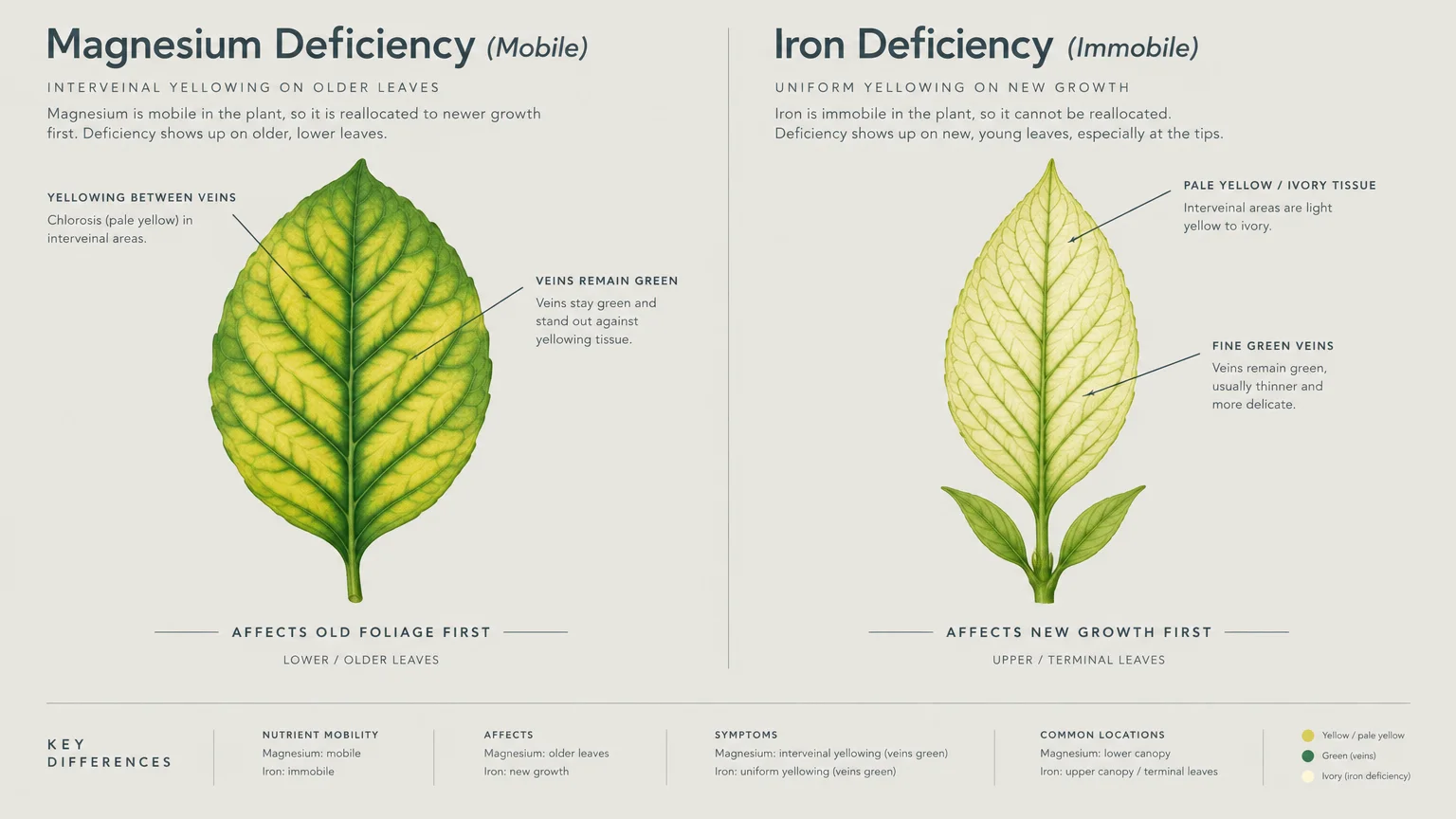 Diagram comparing magnesium deficiency on older foliage with iron deficiency on new growth leaves.