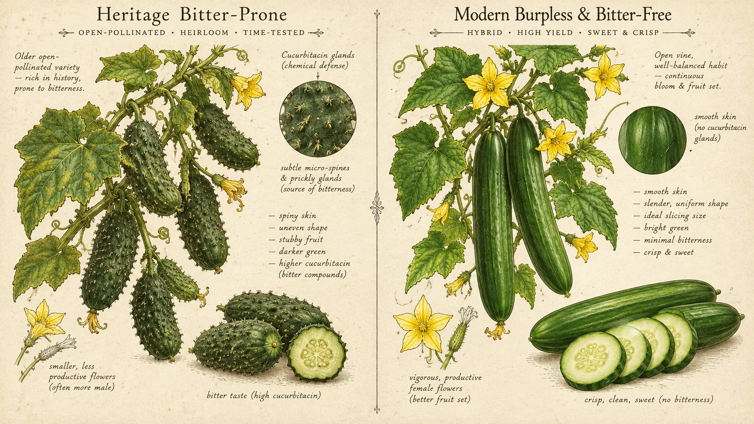 Botanical comparison of spiny heirloom cucumbers prone to bitterness versus smooth, modern burpless cucumbers with labels.