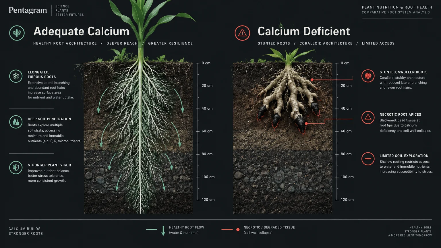 Diagram comparing deep, fibrous roots of an adequate calcium plant against shallow, bulbous roots with blackened tips.