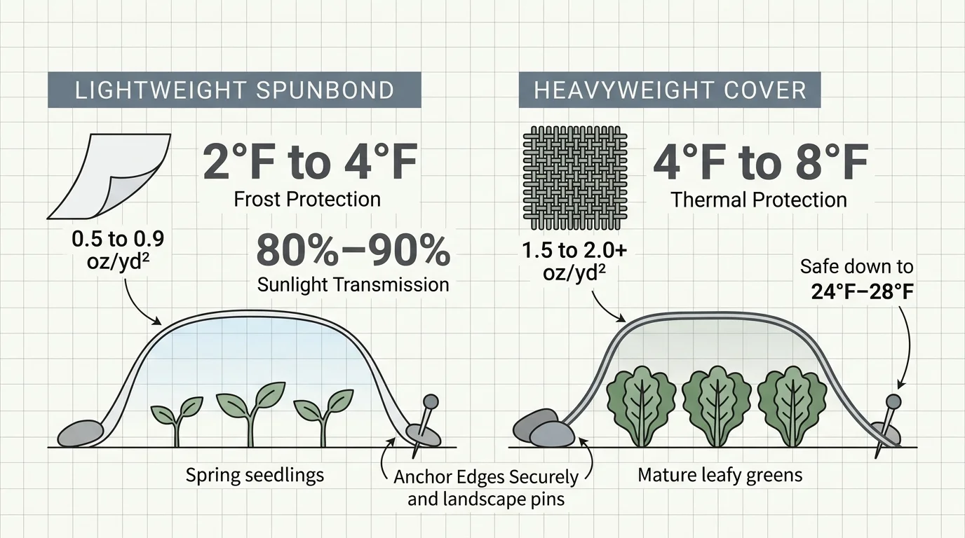 Diagram comparing lightweight spunbond and heavyweight row covers with frost ratings, weights, and seedling protection.