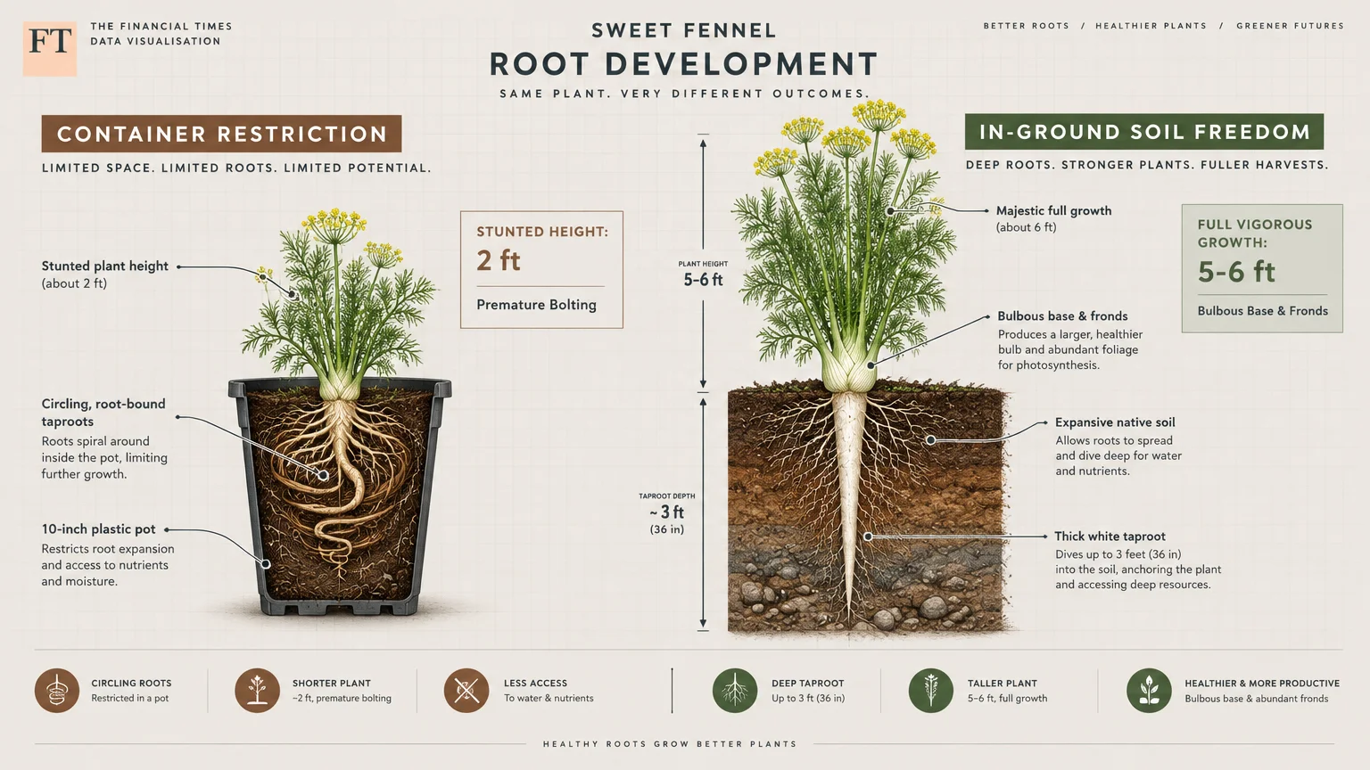 Diagram comparing a potted sweet fennel with circling roots to an in-ground plant featuring a deep, straight taproot.