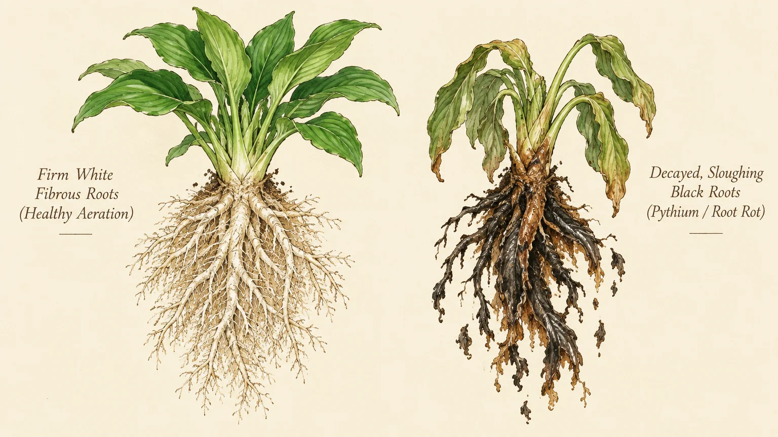 Botanical comparison of a healthy plant with white roots beside a wilting plant with decaying black roots.