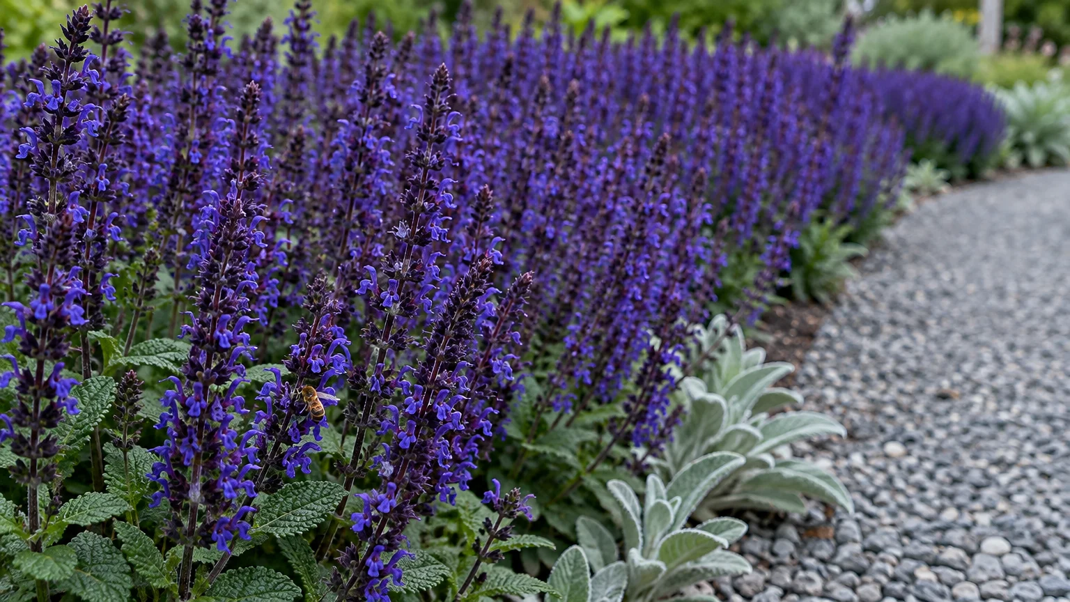 Dense purple woodland salvia blooming along a gravel garden path with a bee visiting a flower.