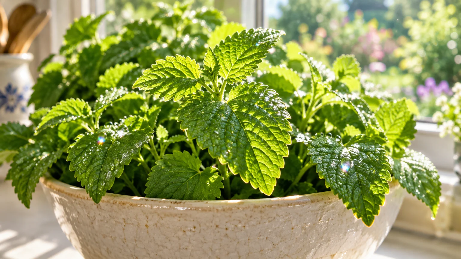 Lush, bright green lemon balm plant with dew drops growing in a ceramic bowl on a sunny windowsill.