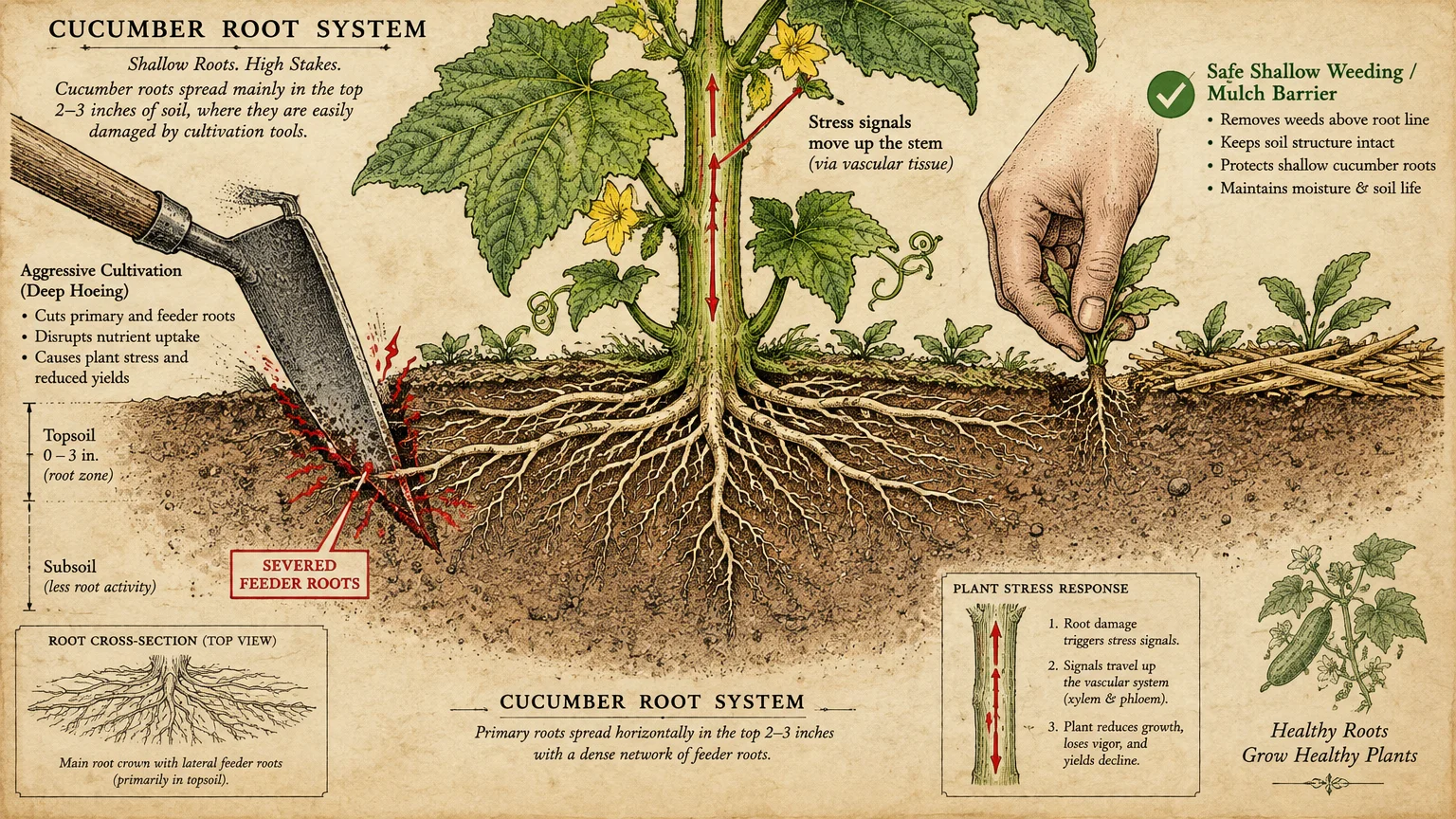 Diagram contrasting a garden hoe cutting shallow cucumber roots with safe hand weeding and mulching above the soil line.