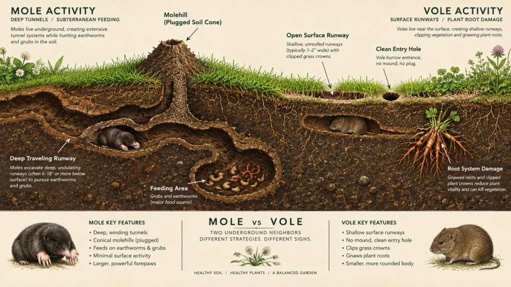 Cross-section diagram comparing deep mole tunnels and soil mounds to shallow vole runways and chewed plant roots underground.