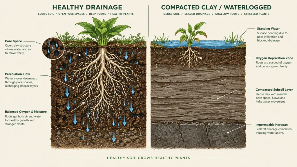 Diagram comparing healthy soil drainage and deep root growth to waterlogged, compacted clay soil with shallow roots.