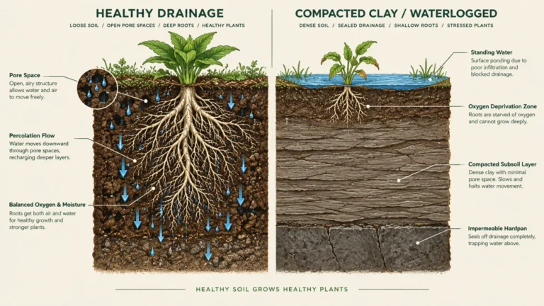Diagram comparing healthy soil drainage and deep root growth to waterlogged, compacted clay soil with shallow roots.