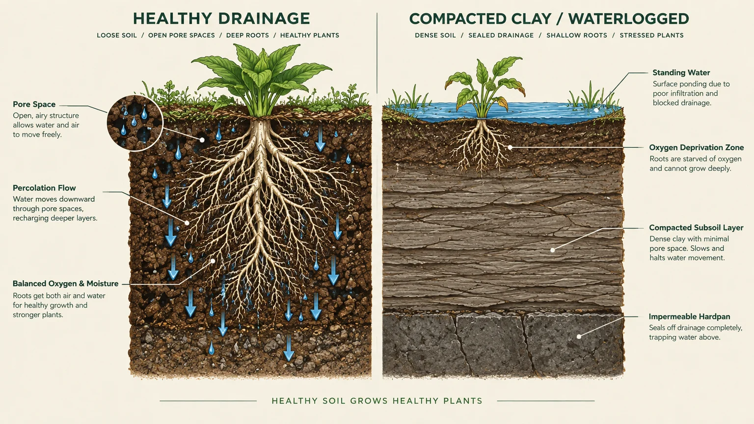 Diagram comparing healthy soil drainage and deep root growth to waterlogged, compacted clay soil with shallow roots.