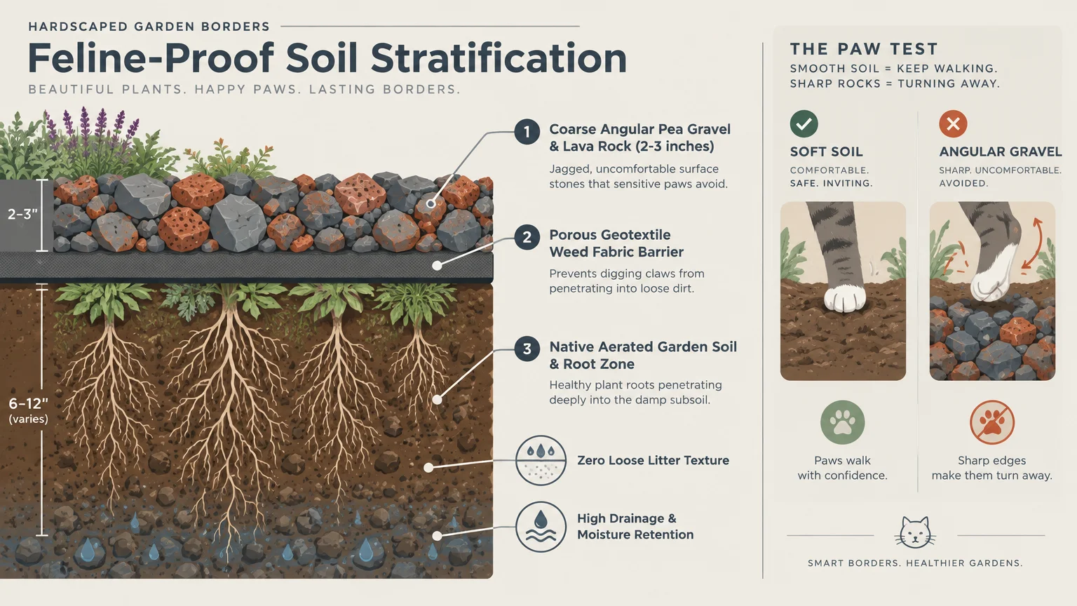 Cross section of garden soil layered with fabric and gravel beside cat paws testing soft soil versus sharp rocks.