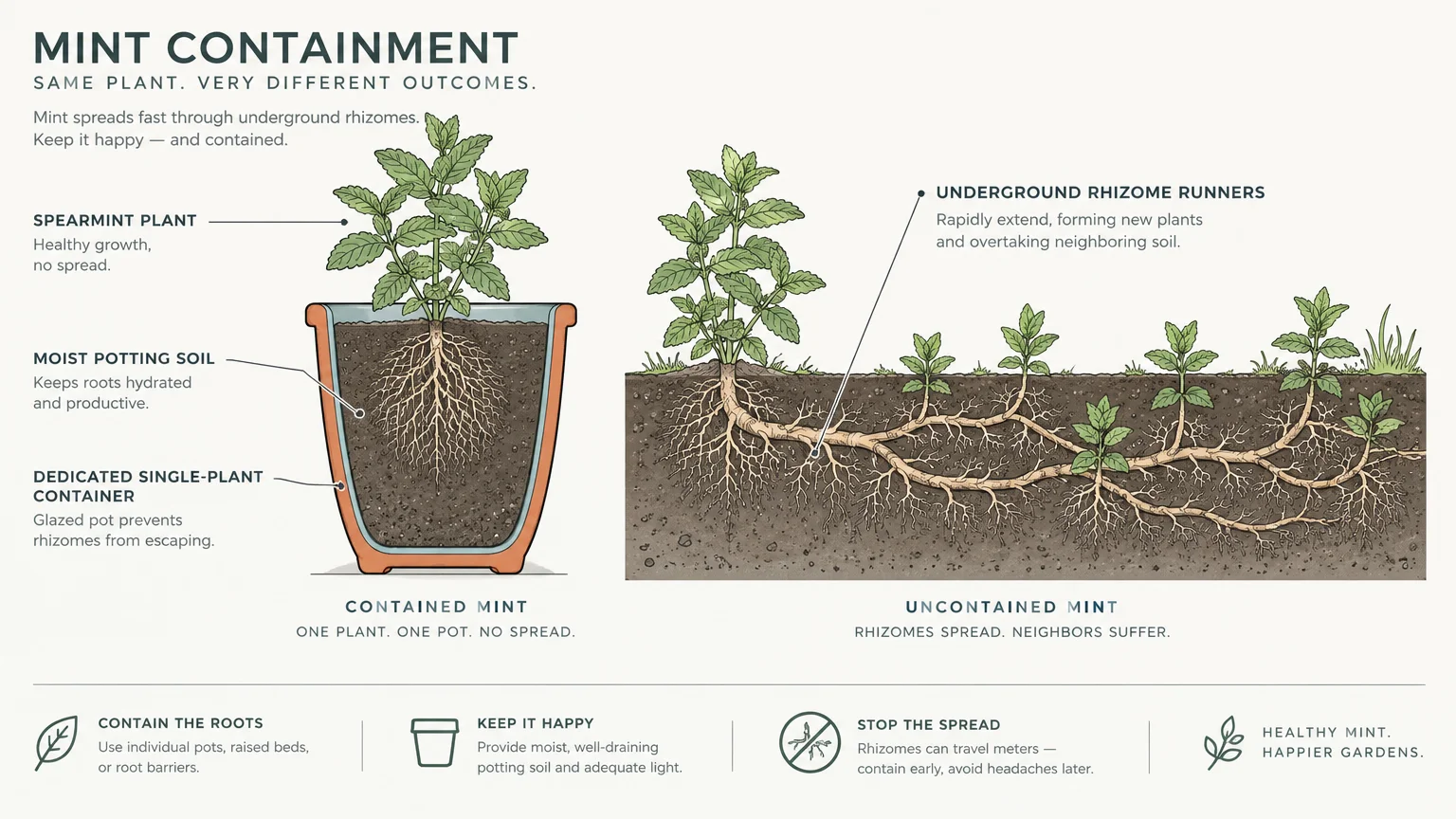 Diagram comparing contained potted mint roots on the left with uncontained underground rhizome runners spreading in garden soil.