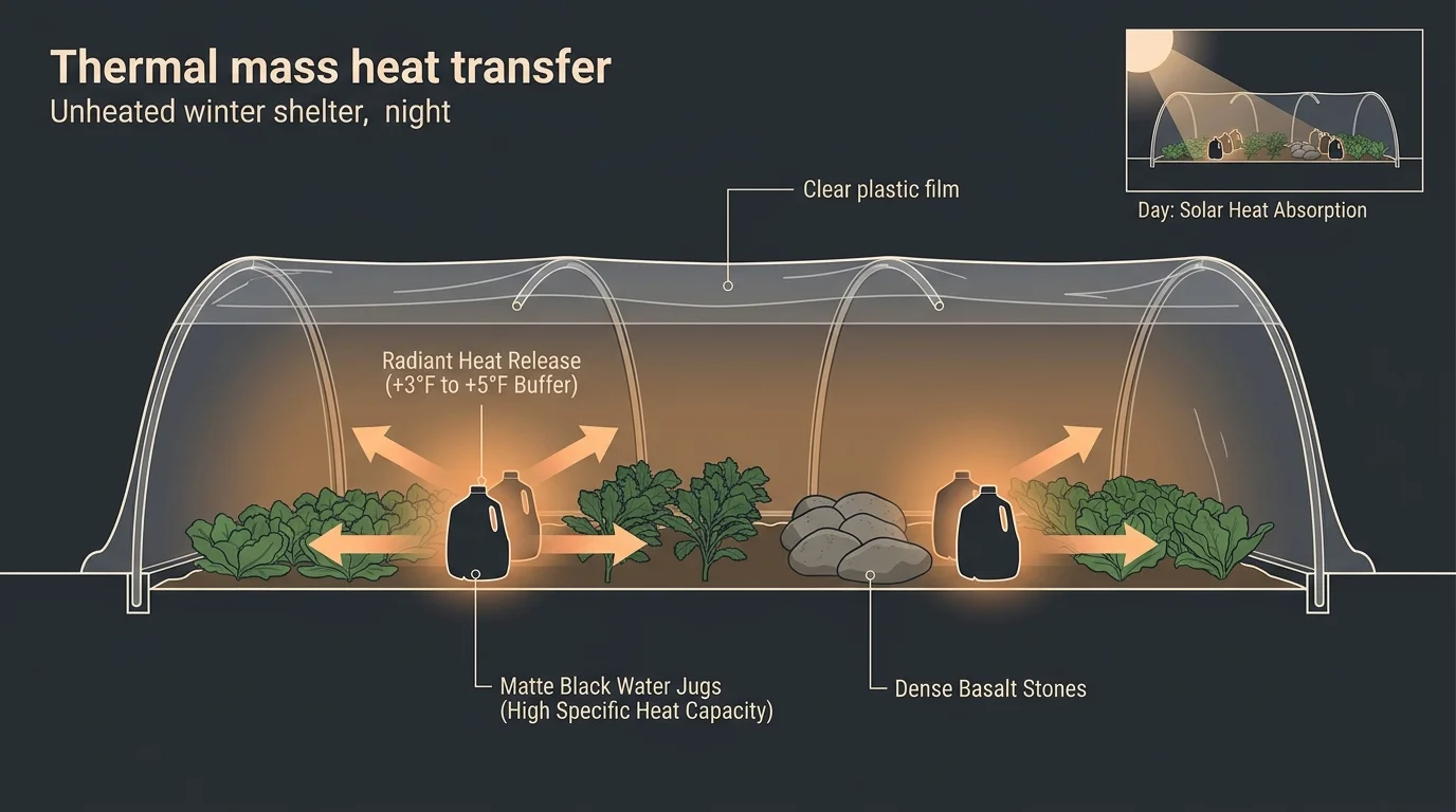 Diagram of a garden hoop house showing black water jugs and stones releasing radiant heat to protect plants at night.