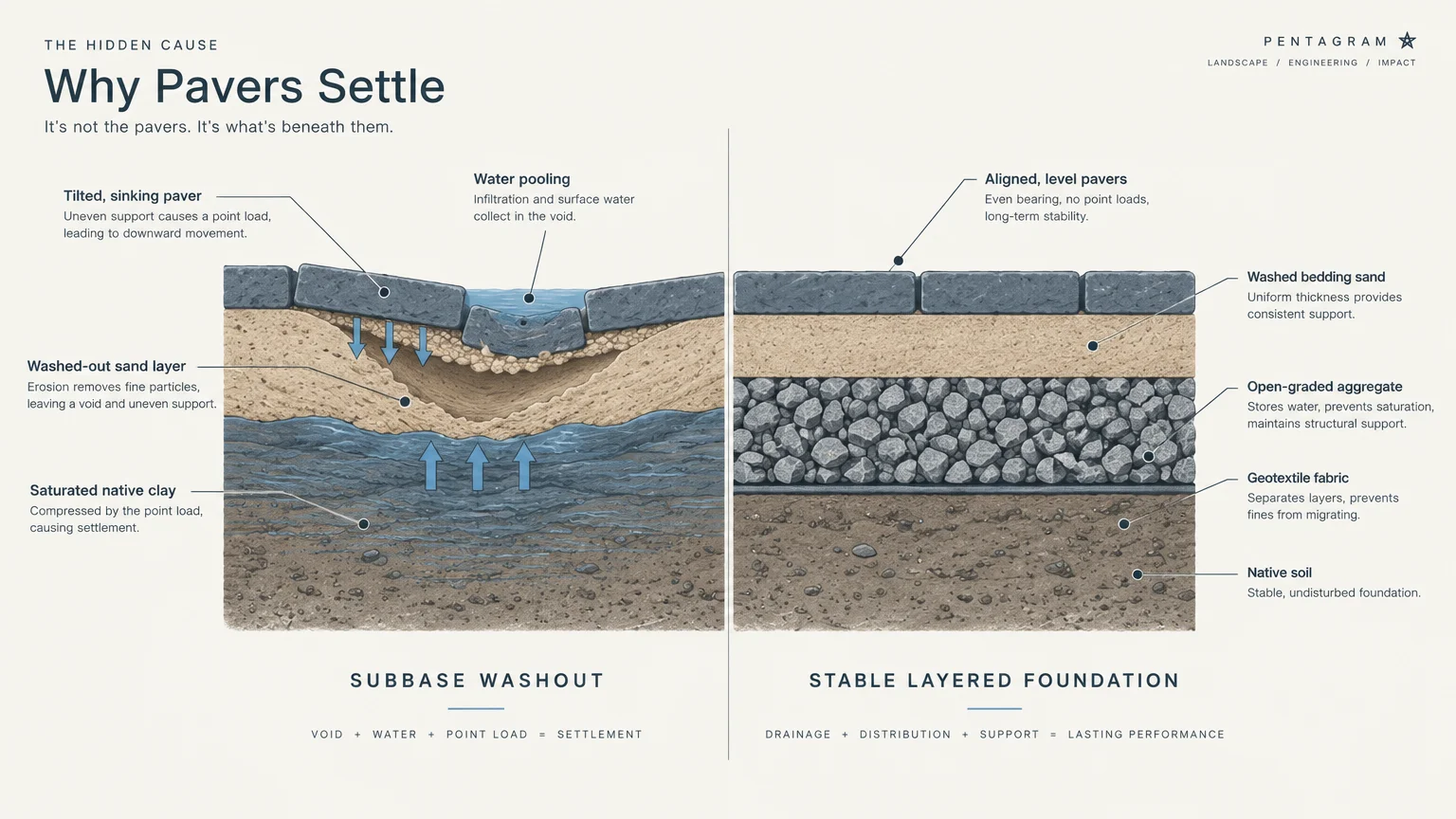 Cross-section diagram comparing paver settlement from subbase washout versus a stable layered foundation with aggregate.