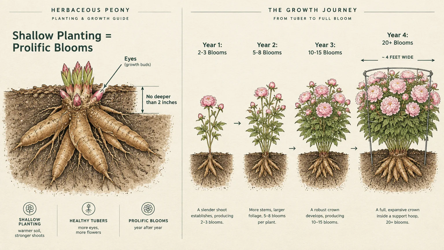 Diagram showing herbaceous peony tuber planting depth and a four-year progression of increasing foliage and blooms.