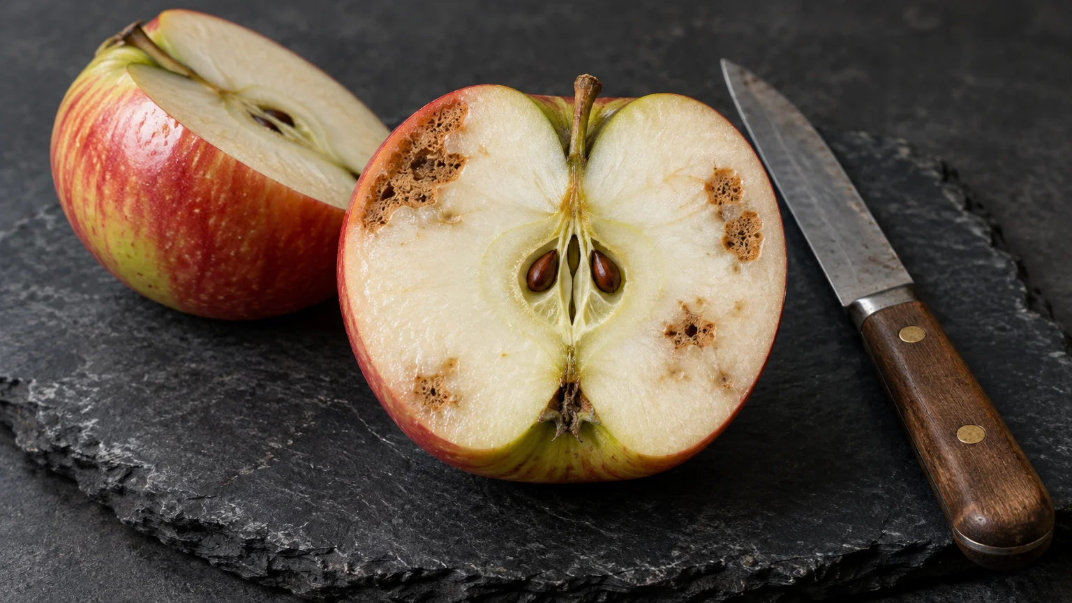 Halved apple on a slate board beside a paring knife, revealing spongy brown spots inside the flesh.