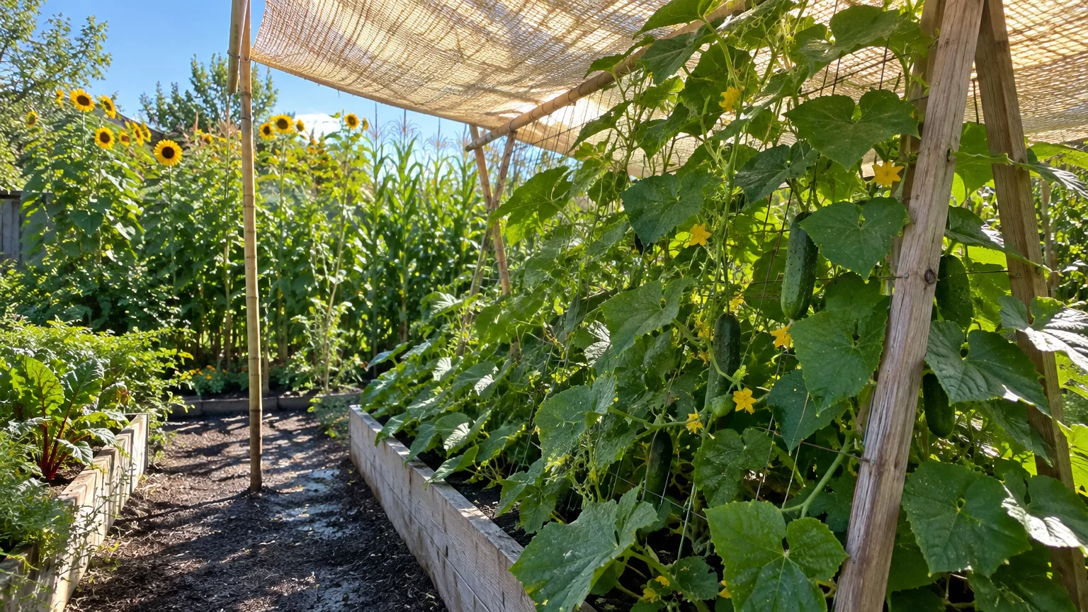 Cucumbers growing on an A-frame wooden trellis under a tan shade cloth canopy in a raised garden bed.