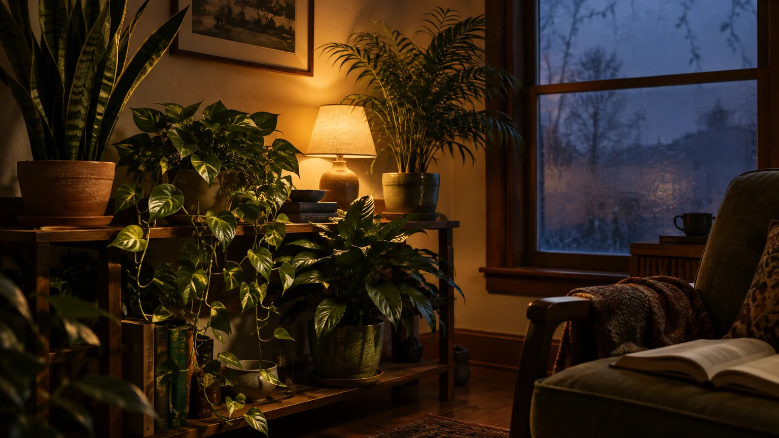 Potted indoor plants gathered on wooden shelves next to an armchair, lamp, and window on a dark winter evening.