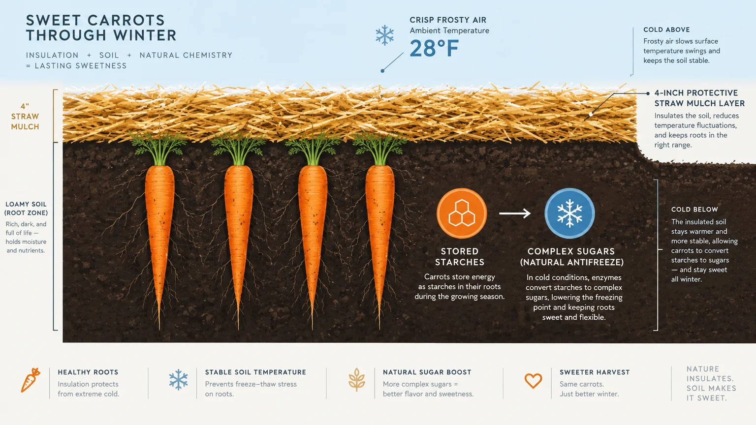 Cross-section diagram of carrots growing beneath soil and straw mulch, illustrating cold-induced sugar accumulation.