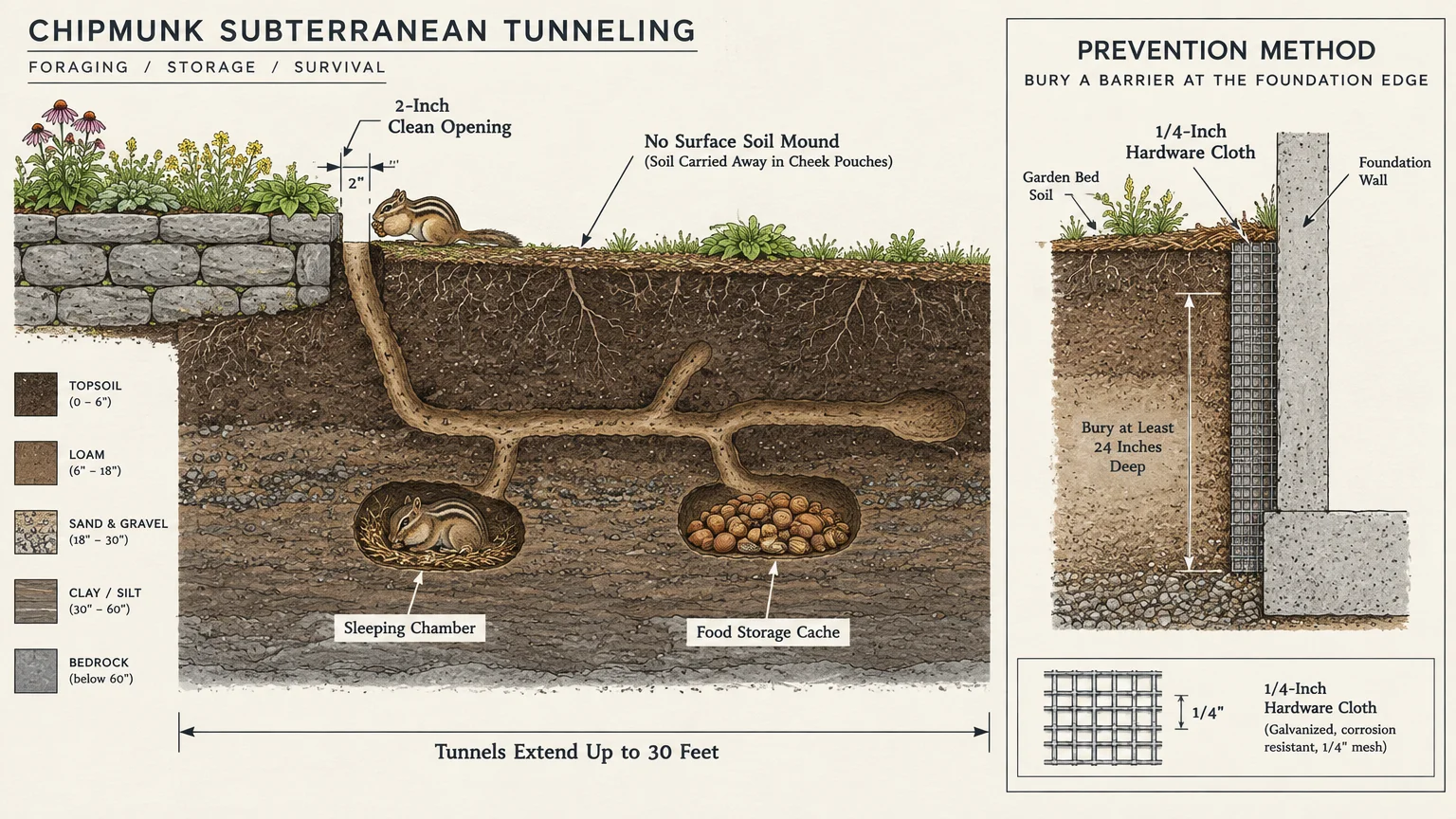 Cross-section diagram of a chipmunk burrow system underground and a hardware cloth prevention barrier along a foundation.