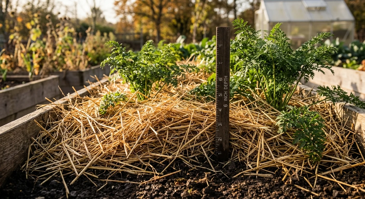 A wooden ruler measures straw mulch layered over soil around carrot tops growing in a raised garden bed.