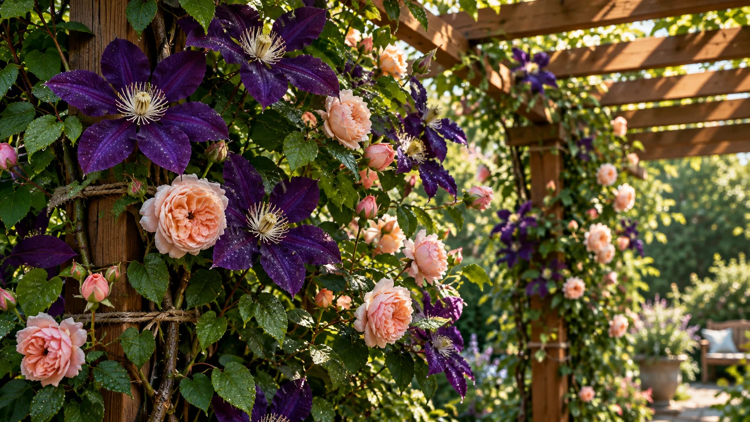 Deep purple clematis flowers and peach roses bloom together climbing along the wooden post of a garden pergola.