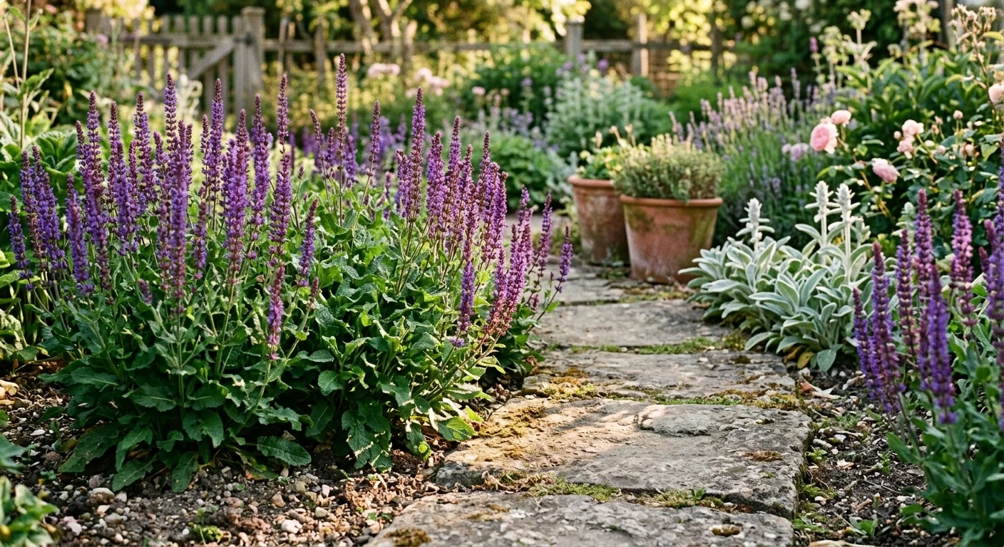 Purple flower spikes of meadow sage blooming alongside a stone garden path lined with potted plants and flowers.