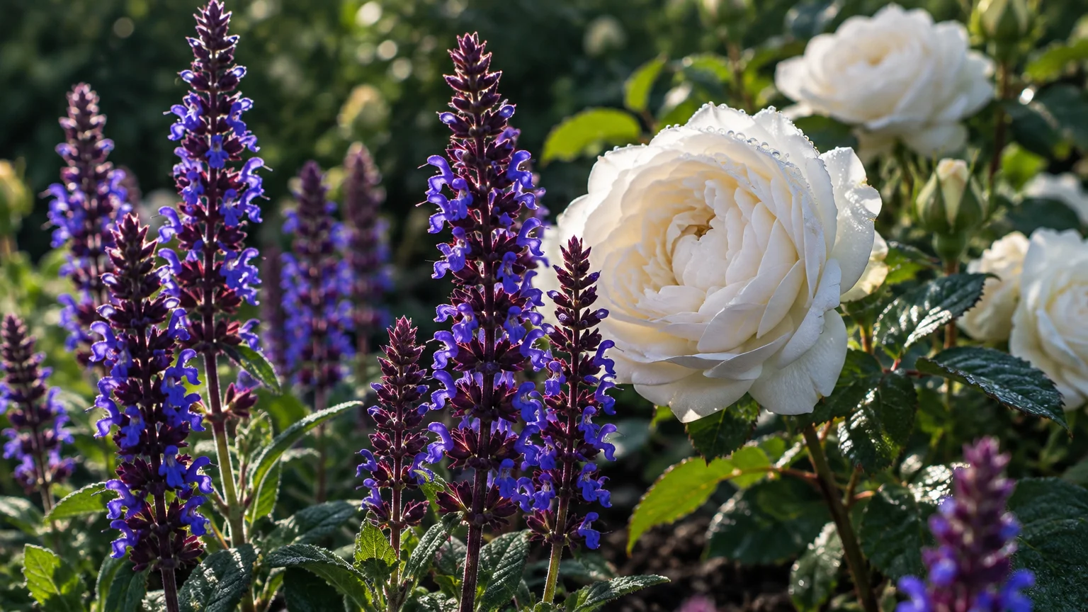 Purple salvia flower spikes bloom next to a large white rose in a garden bed.