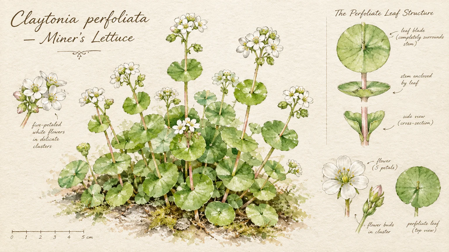 Botanical watercolor illustration of miner's lettuce with round green leaves, small white flowers, and botanical diagrams.