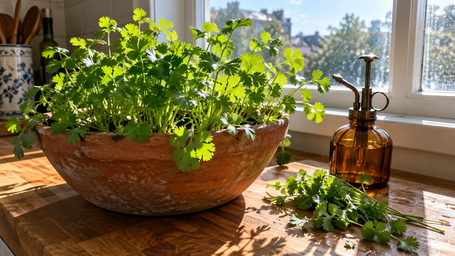 Fresh green cilantro growing in a terracotta bowl on a sunny wooden windowsill beside an amber glass mister.