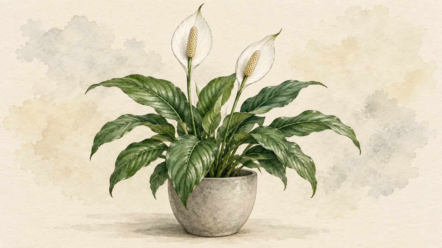 Watercolor illustration of a potted peace lily with glossy green leaves and two white blooms against a textured background.